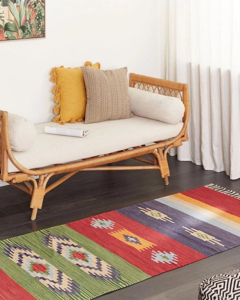 Tappeto Kilim in cotone tessuto a mano reversibile con motivi geometrici e nappe multicolore 80 x 300 cm soggiorno camera da letto