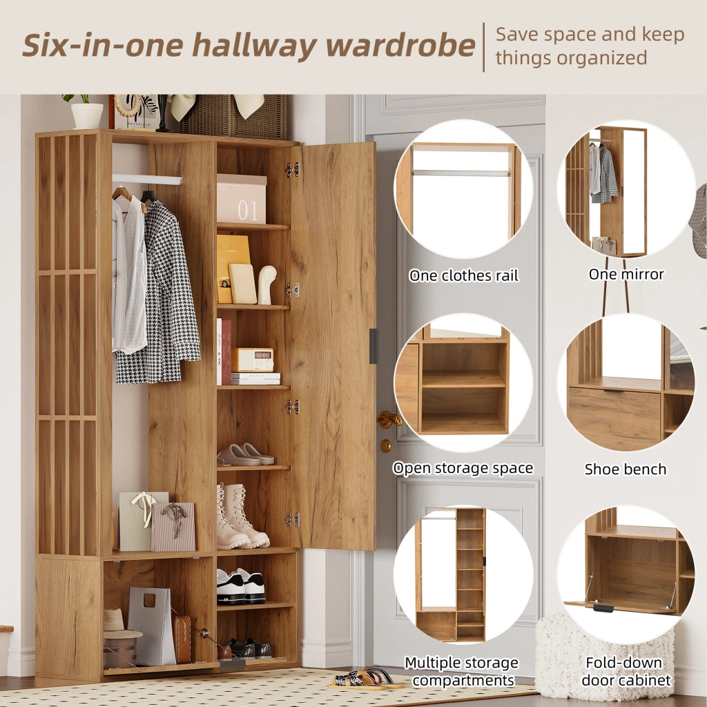 Mobile da Ingresso con 2 Armadi; 9 Vani; Barra Appendiabiti; Specchio; per Ingresso in Truciolare 100×33×190 cm