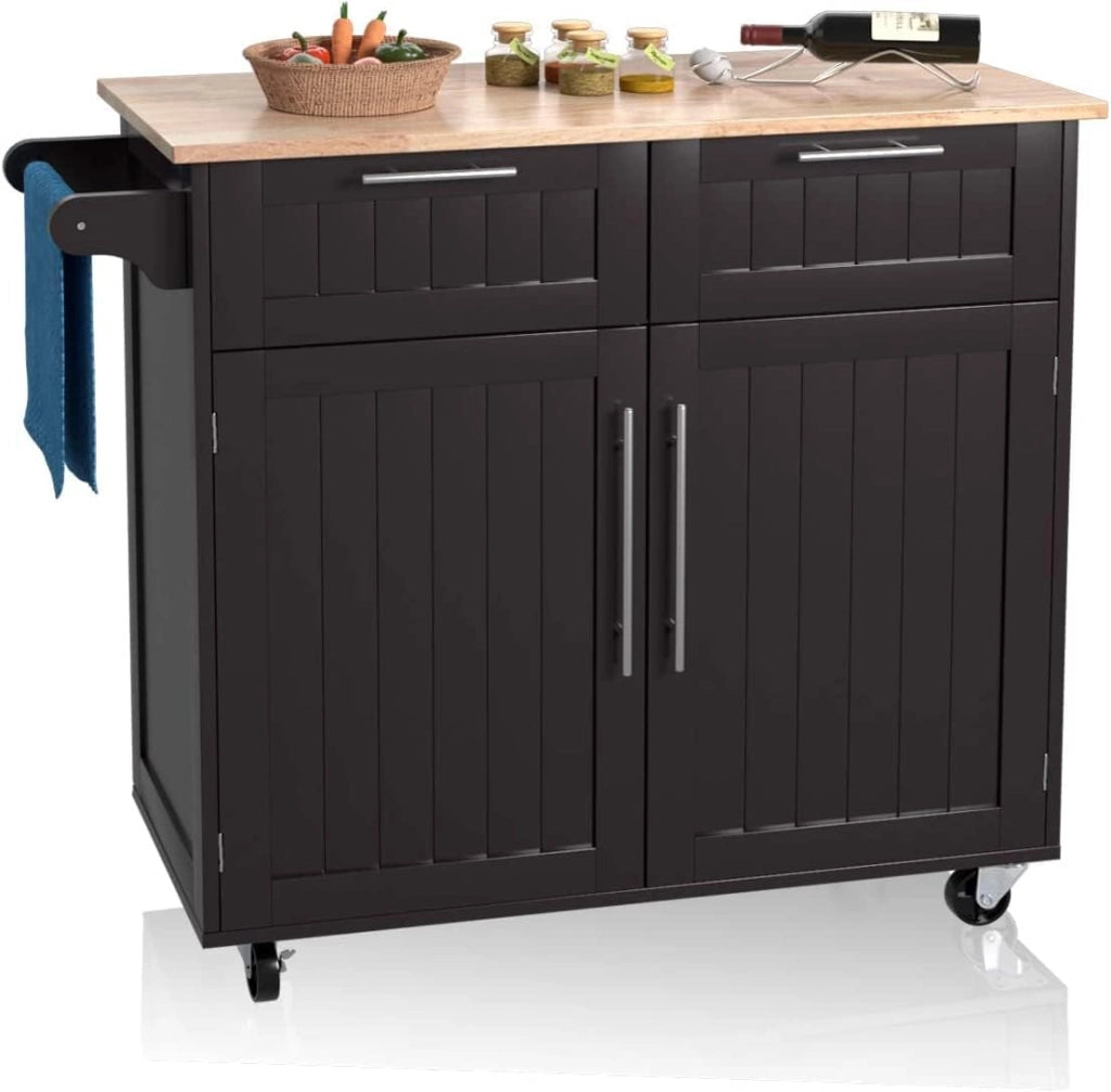 Carrello da Cucina in Legno con Piano di Lavoro, Armadio da Cucina su Ruote, Carrello da Portata con Portasciugamani e 2 Cassetti, Isola da Cucina Mobile, 3 Colori