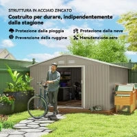 Casetta da Giardino con Porte Scorrevoli e Tetto Inclinato, in Acciaio, 340x386x200 cm, Grigio