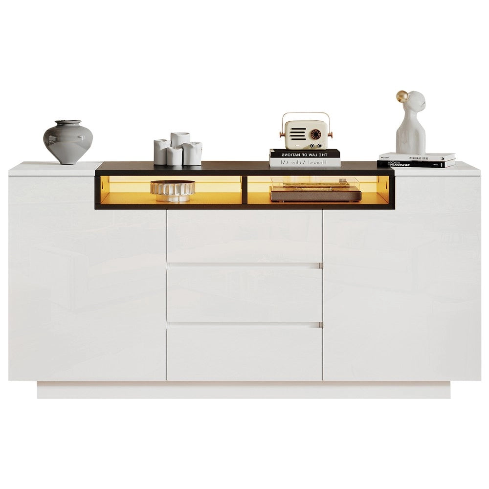 Mobile Credenza Soggiorno con LED e Cassetti ¨C MINIMAL ¨C Bianco/Nero Lucido 140x40x68