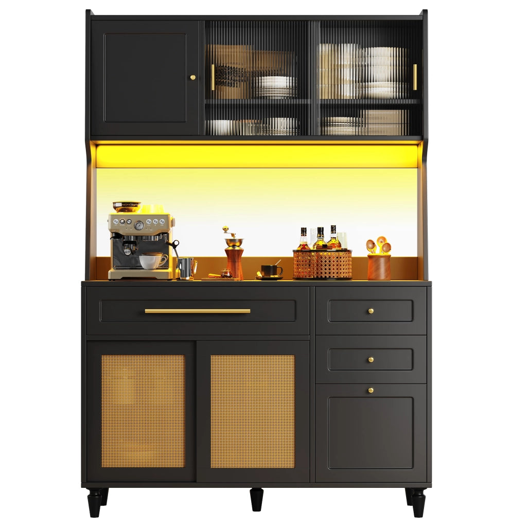 Credenza con Ante e Vetrina ¨C MINIMAL ¨C Nero, LED, Rattan, 3 Cassetti