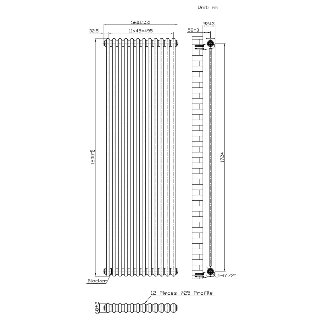Radiatore 2 Colonne Verticale Metallo Grezzo 1800x560 mm