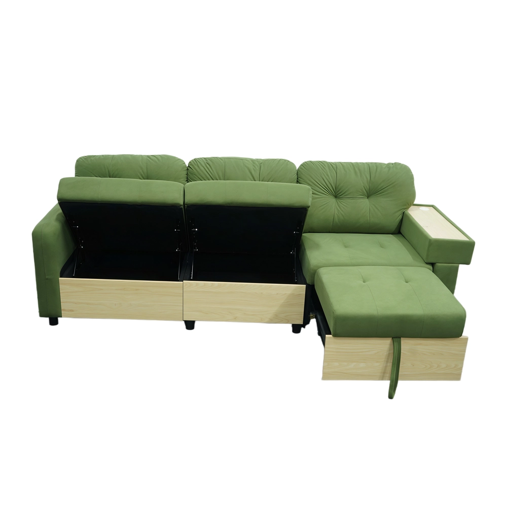 Divano Angolare 3 Posti con Penisola Estraibile ¨C MINIMAL ¨C Velluto Verde, Contenitore, Braccioli in Legno