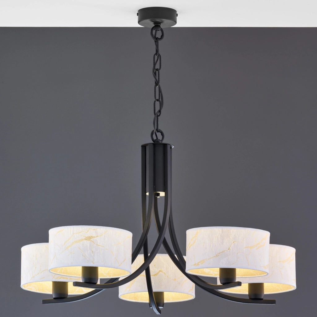 Lampadario nero a catena 5xE27 paralumi bianchi Arthur Jupiter