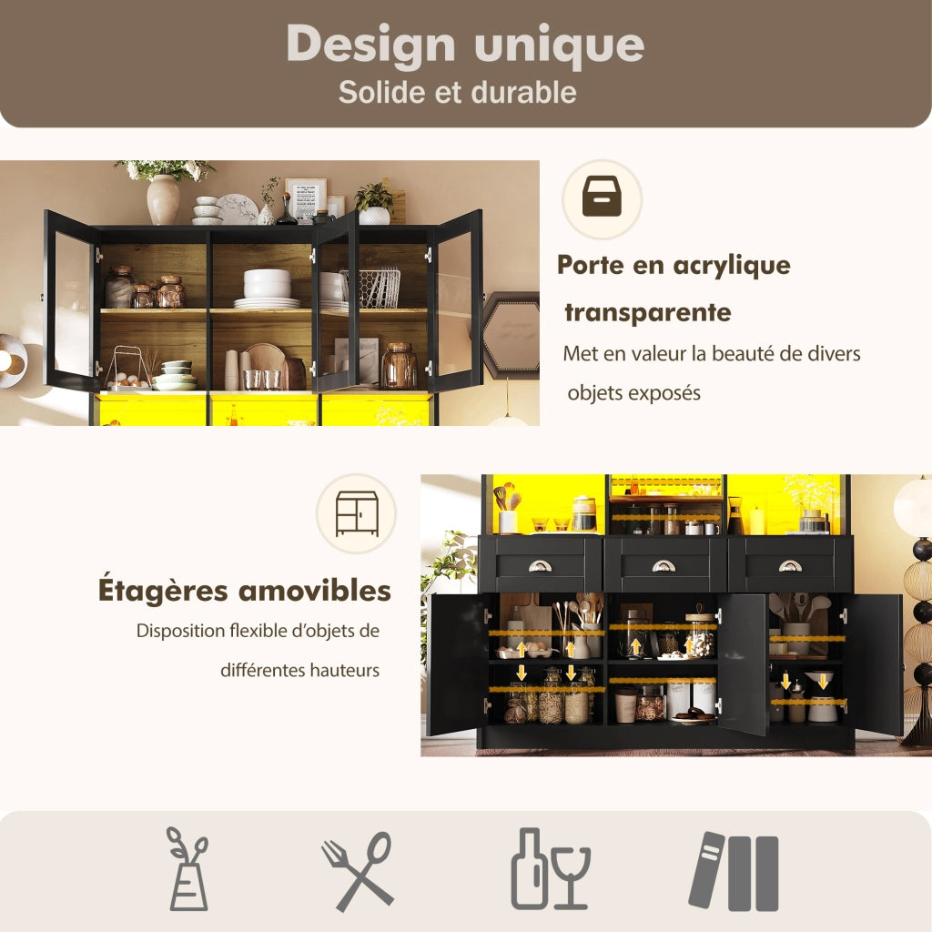 Credenza alta vetrata con LED; 3 cassetti; 6 ante e ripiani regolabili per cucina; 140 × 40 × 175 cm