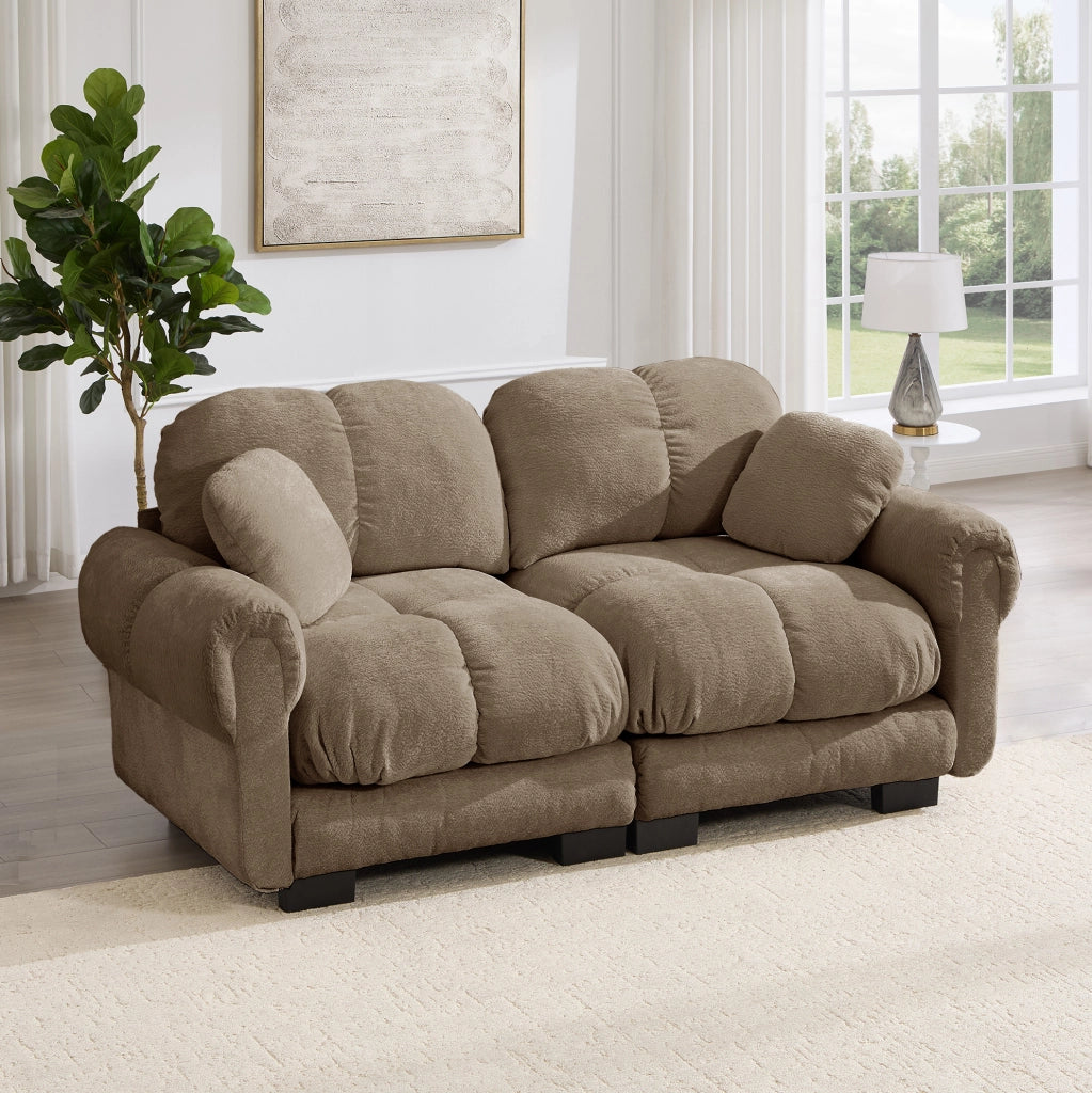 Divano modulare 2 posti 190x86x90 cm in chenille marrone con cuscini trapuntati