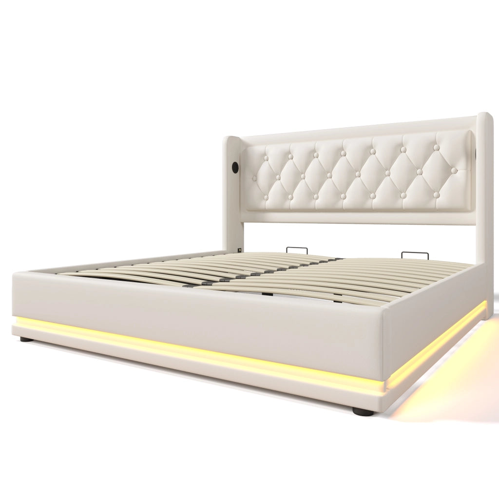 Letti contenitori 160x200 cm; testiera con USB Type-C e LED; PU bianco (Senza materasso)