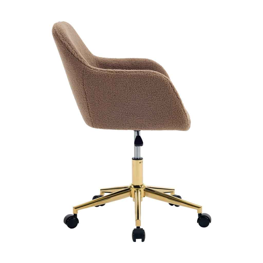 Sedia girevole da ufficio in tessuto Teddy marrone, regolabile in altezza, 360°, con base dorata e ruote universali