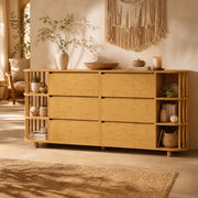 CREDENZA 160x40x75 cm in MDF e bambù effetto quercia, 6 cassetti e ripiani aperti