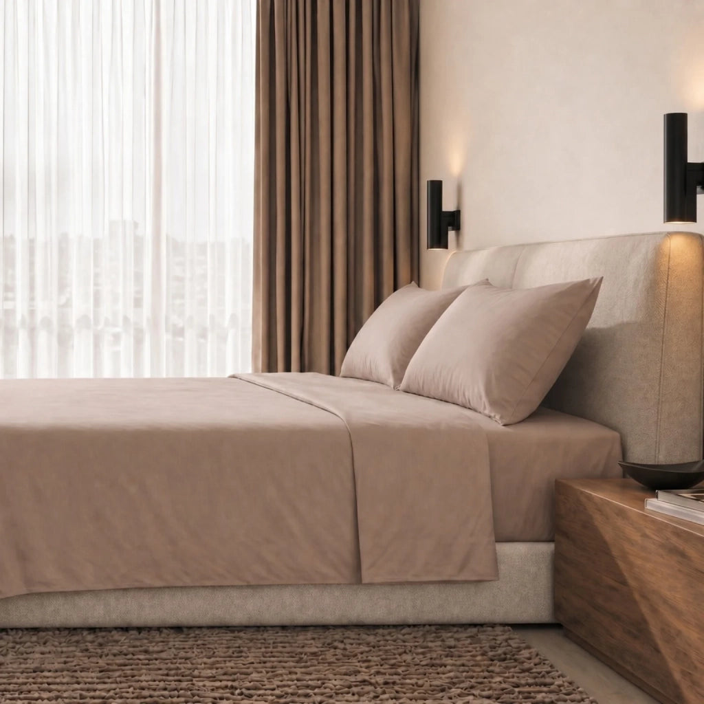 Set Lenzuola Letto Una Piazza e Mezza in Cotone Percalle 200 TC Mocha | Lenzuolo Piano 190x295 cm, lenzuolo con angoli 130x200 cm e Tasca da 28 cm, 1 Federa | Made in Italy