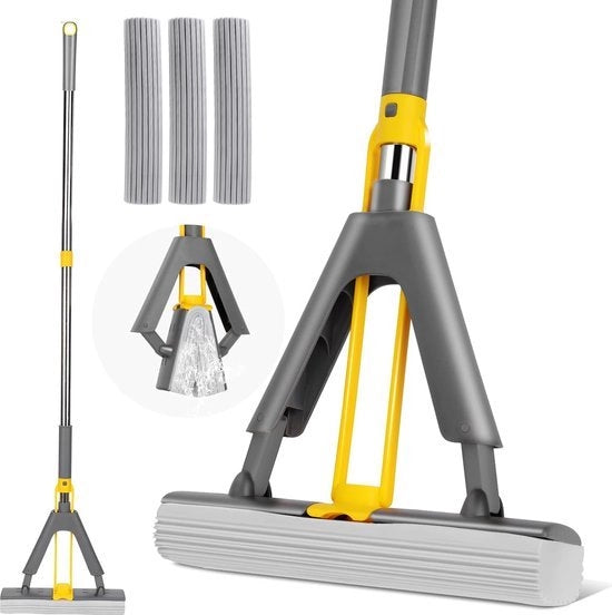Dweilmop per pavimento, 123 cm, con 3 testine PVA riutilizzabili, aspirapolvere con funzione di drenaggio, aspirapolvere per pavimenti in ceramica, laminati, legno, marmo.