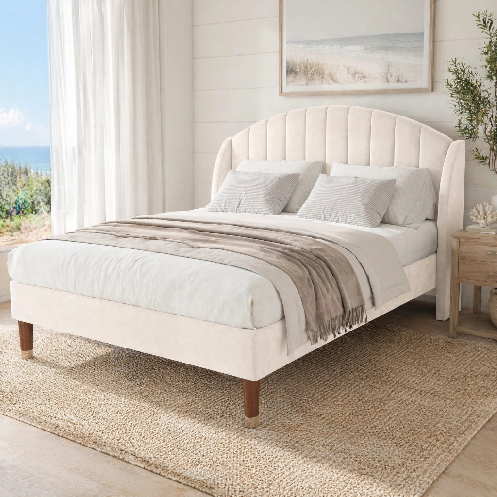 Letto imbottito 140x190 cm in velluto beige con rete a doghe e testiera, montaggio facile