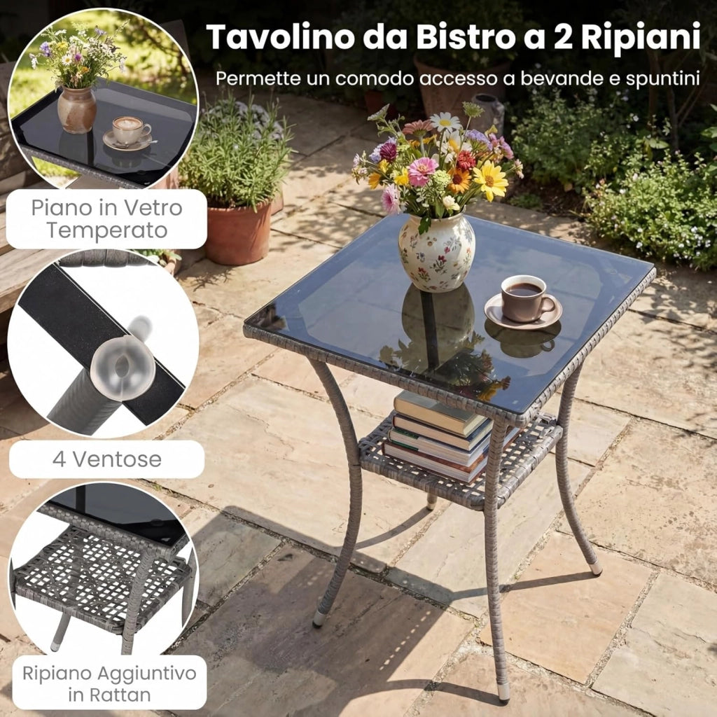 Set da Salotto da Giardino 3 Pezzi, 3 Pezzi Set Mobili da Esterno in Rattan con Tavolo in Vetro Temperato a Doppio Ripiano, Set da Conversazione con Cuscini per Veranda (Grigio+Bianco)