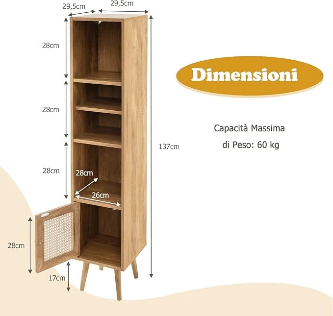Libreria Scaffale con Anta in Rattan Naturale, Scaffale Legno in Stile Boho con 3 Ripiani Regolabili in 12 Posizioni, per Soggiorno Cucina e Camera da Letto, 29,5 x 29,5 x 137 cm (Naturale)