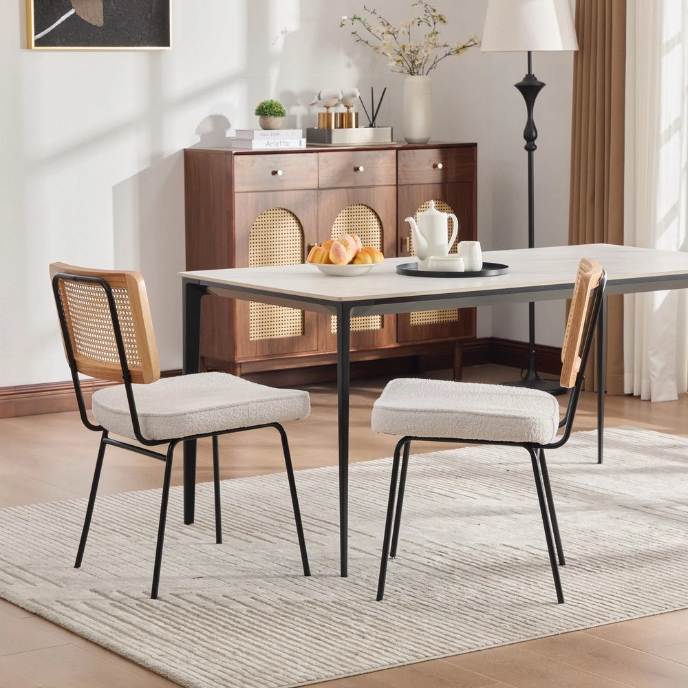Sedie da Pranzo Set 2 Pezzi ¨C MINIMAL ¨C Velluto Chenille, Schienale Legno Massello, Gambe Metallo, Effetto Rattan, Avorio