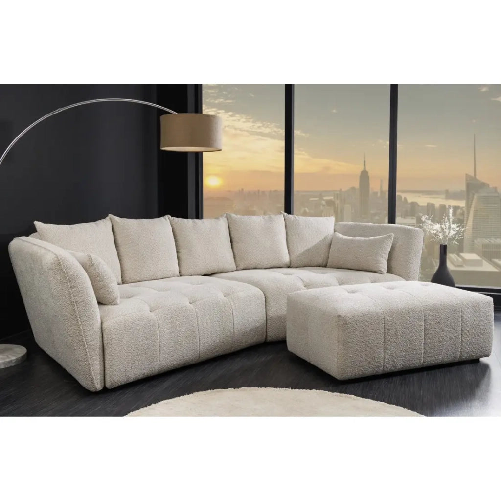 Divano + pouf IMPERIA bianco champagne – Divano modulabile in tessuto bouclé