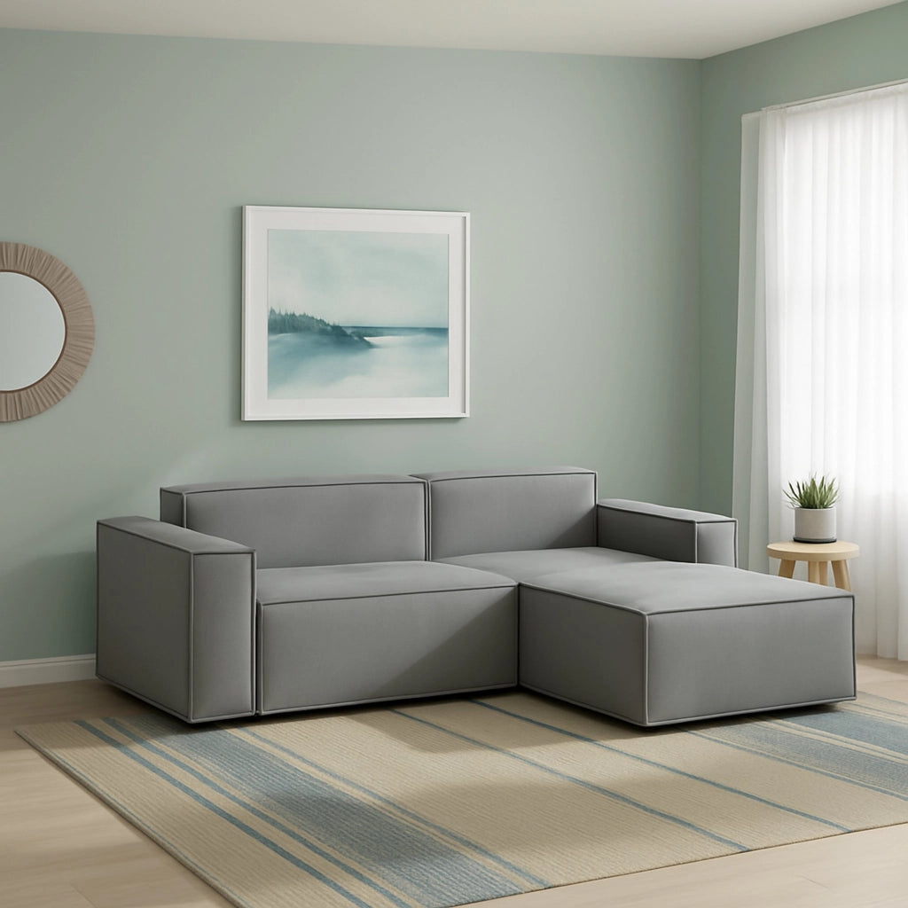 Divano fisso Ameli, Divano componibile a 2 posti large con penisola destra, Made in Italy, SofÒ  moderno in tessuto, Cm 240x170h70, Grigio