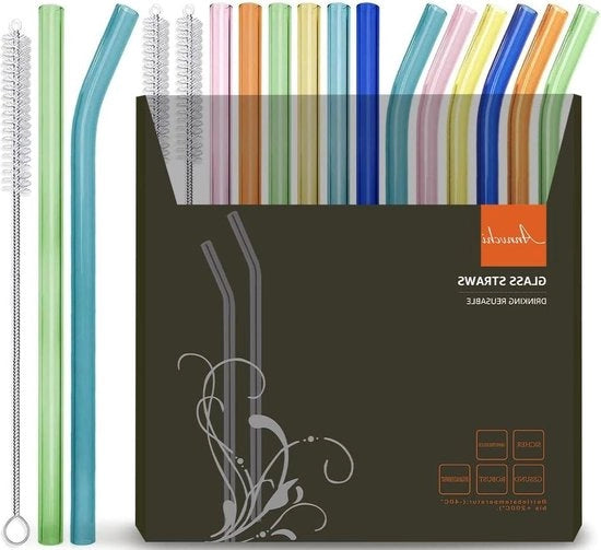 Riciclabili stecchi di vetro colorato - 14 pezzi - stecchi di vetro rettilinei e curvi - 215 cm - spazzole per pulizia - stecchi di vetro per smoothies cocktail e tisane
