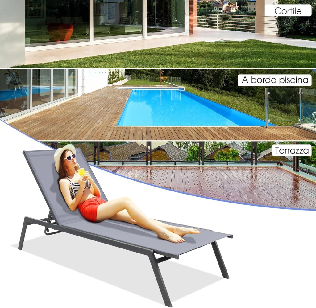 Lettino Prendisole da Giardino, Sedia a Sdraio Regolabile da Giardino, Sedia Reclinabile a 6 Posizioni, Chaise Lounge da Esterno per Piscina, Giardino, Portata 150 kg