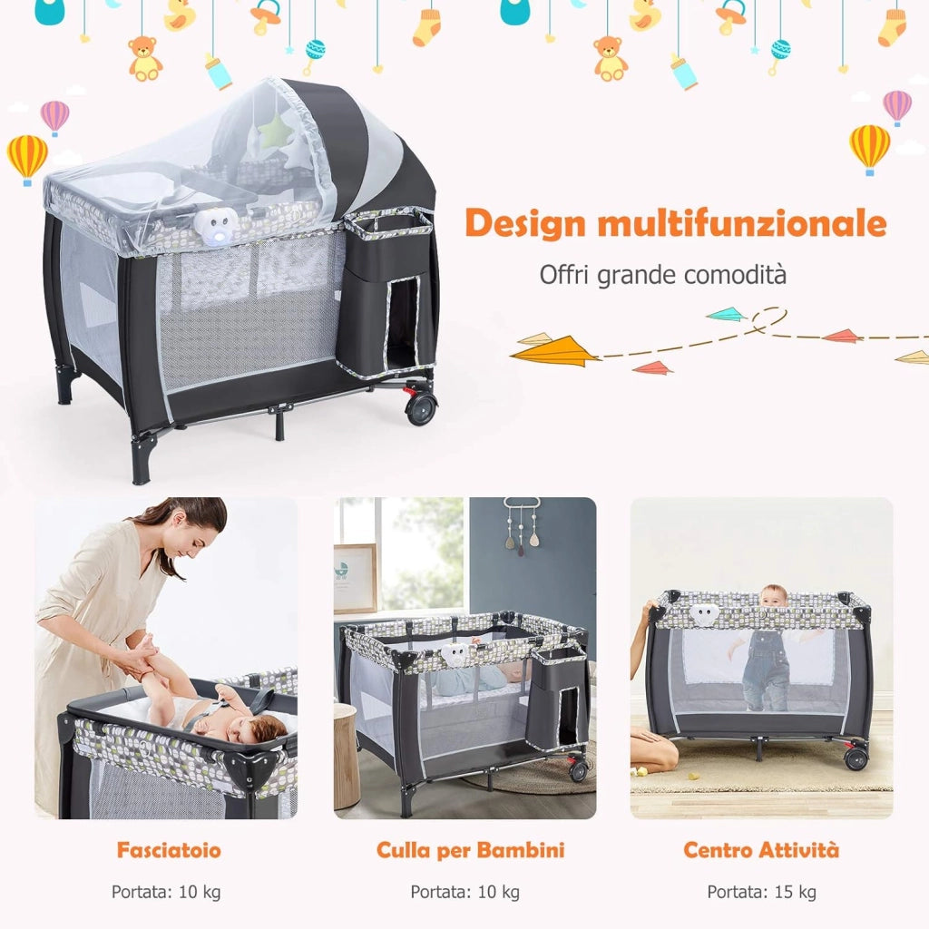 Lettino da Viaggio per Neonati, Culla con Materassino per Bambini, Box Portatile Pieghevole, con Zanzariera, Fasciatoio, Ruote, Culla Pieghevole in Tessuto Oxford, per Bambini 0-36 Mesi