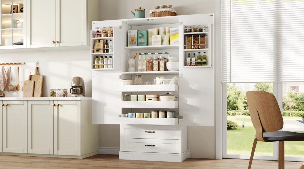 Credenza alta 180x80x37.5 cm con 3 ripiani estraibili e 2 cassetti in MDF bianco