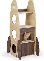 Albero per Gatti a Forma di Razzo, Tiragraffi per Gatti da Interno in Legno Alto 120 cm con Condo a 2 Piani, Perno Superiore e Pedana Graffiatrice in Sisal, Mobile per Gattini