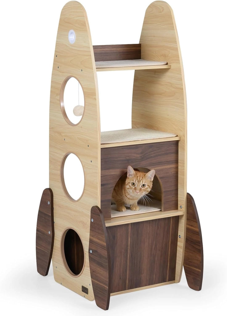 Albero per Gatti a Forma di Razzo, Tiragraffi per Gatti da Interno in Legno Alto 120 cm con Condo a 2 Piani, Perno Superiore e Pedana Graffiatrice in Sisal, Mobile per Gattini