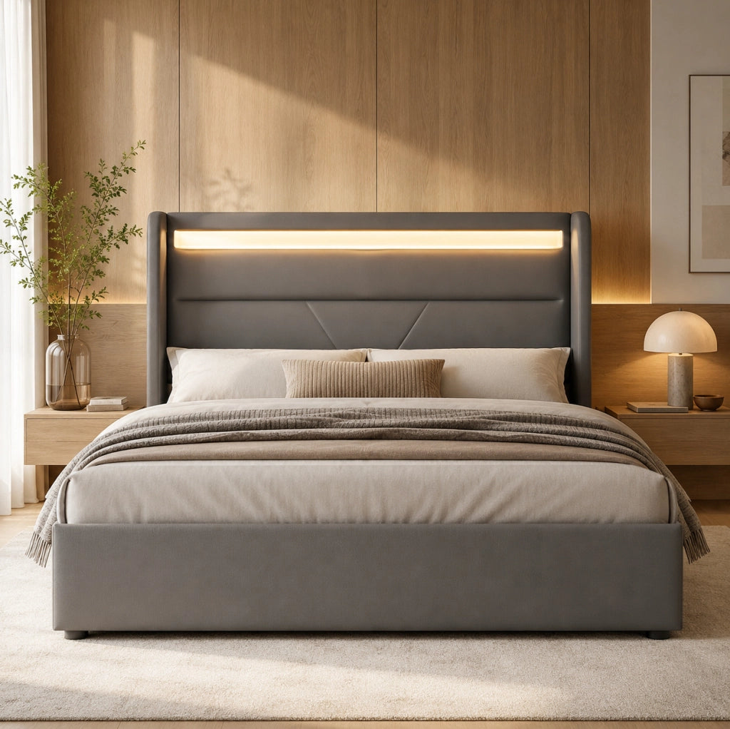Letto imbottito con contenitore e illuminazione LED, 140x200 cm, grigio