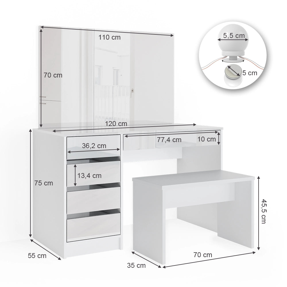 Vicco Tavolo da toeletta Bianco 120 cm con illuminazione a LED e panca