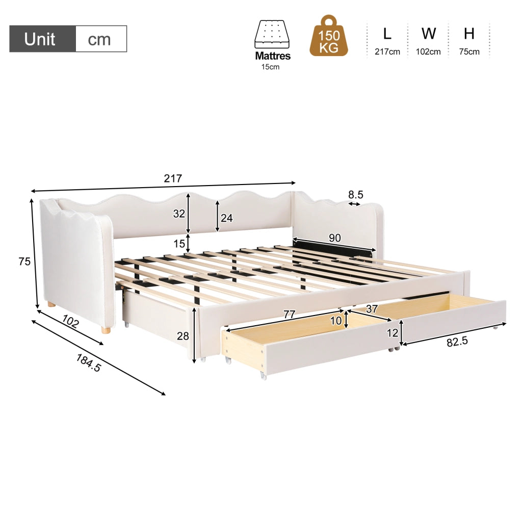 Letto divano estraibile 90 × 200 cm con 2 cassetti, USB e Type-C, senza materasso, in velluto, beige