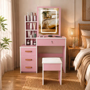 Toeletta rosa con specchio LED, sgabello e vani contenitore