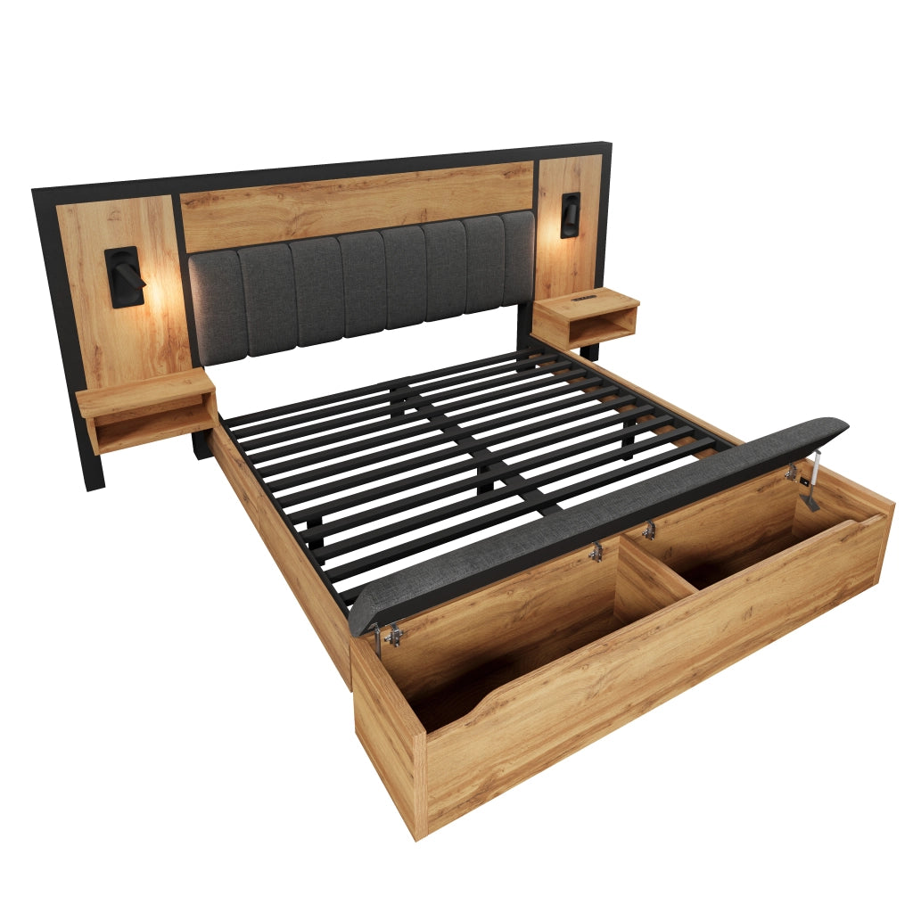 Letto Matrimoniale 160 x 200 cm - USB, Type-C, Lampade e Panca Contenitore - Rovere