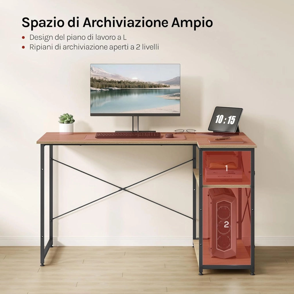 Scrivania Ufficio a L Compatta con Libreria Integrata - Design Salvaspazio per Studio/Camera, 120x73x72 cm, Rovere Naturale e Nero