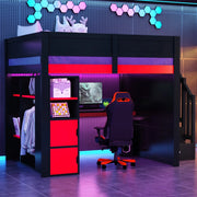 Letto a Soppalco Gaming in Legno con Scrivania, LED, USB e Cassetti ¨C MINIMAL ¨C 140x200, Nero/Rosso
