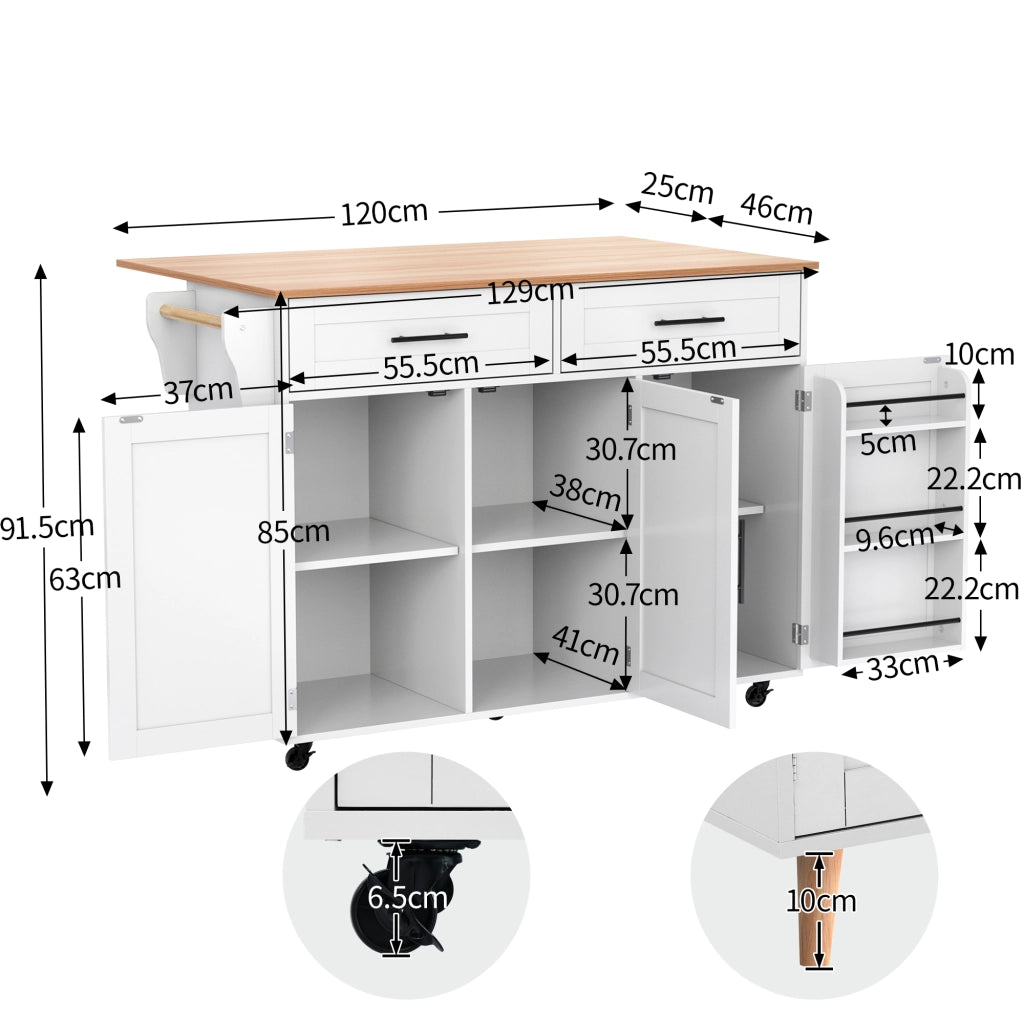 Isola da Cucina Mobile 129x46/71x91;5 cm Bianca con Piano Effetto Marmo; 2 Cassetti; Ripiani e Ruote