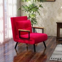 Poltrona Letto 3 in 1 con Schienale Reclinabile e Cuscino, in Tessuto Effetto Velluto, 63x73x81 cm, Rosso