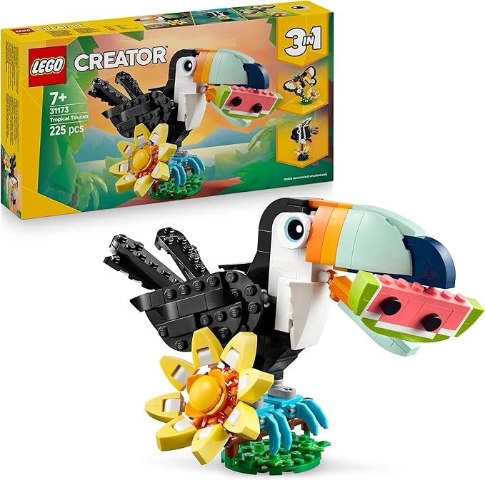 LEGO Creator 3 in 1 Animali Selvatici: Tucano Tropicale con Fiore - Animale Giocattolo Trasformabile in Farfalla o Pesce