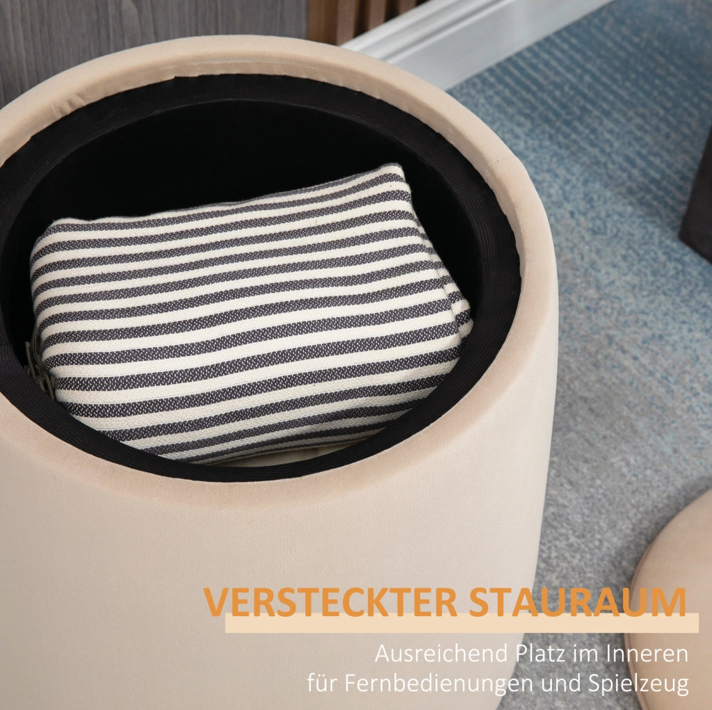 Ottomana rotonda beige con vano contenitore e coperchio reversibile