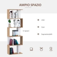 Scaffale Libreria a 5 Ripiani Suddivisi, Libreria Salvaspazio a Forma di S in Legno, Scaffale Divisorio per Soggiorno, Camera da Letto e Ufficio, 60x24x184.5 cm, Color Legno e Bianco