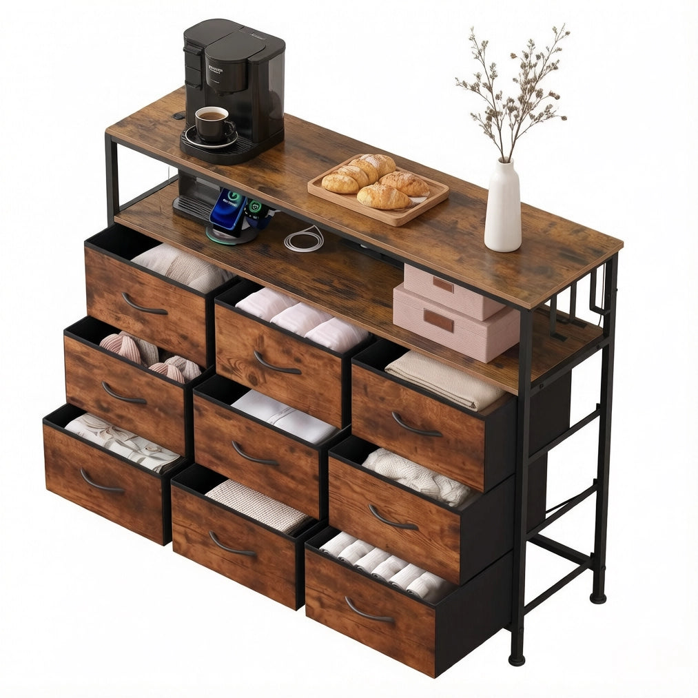 Cassettiera con 9 cassetti; 2 ripiani; LED e presa multipla; 110 x 85 x 30 cm; marrone rustico e nero