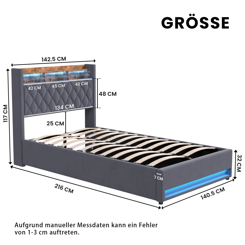 Letto Imbottito 140x200 cm Grigio Scuro in Velluto con Rete a Doghe