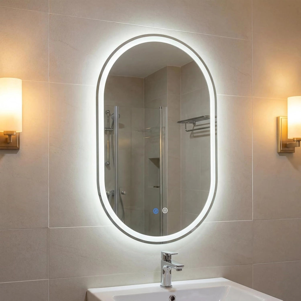 Specchio Bagno con Luce 80 x 50 cm, Specchio Ovale da Parete in Vetro Temperato IP44 con 3 Colori Dimmerabile, Antiappannamento, Memoria, Orizzontale/Verticale (80 x 50 cm, Modello 2)