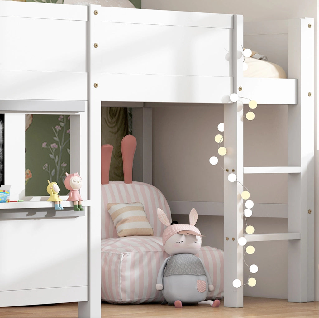 Letto a casetta per bambini con lavagna; scala a 3 gradini; 90x200 cm; in legno bianco