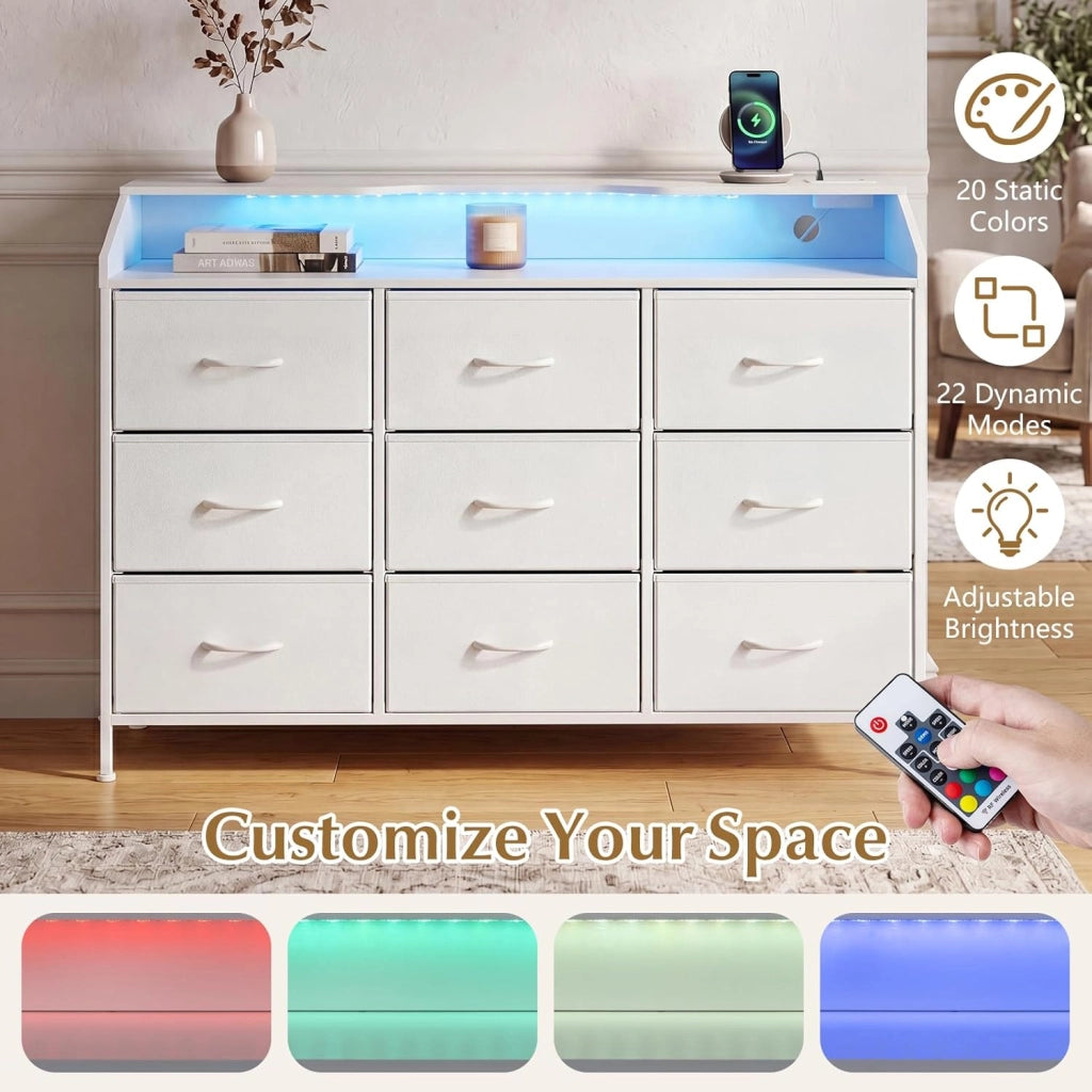 Cassettiera Camera da Letto con 9 Cassetti in Tessuto, Stazione di Ricarica e Luci LED, Cassettiera Armadio con Struttura in Metallo e 2 Dispositivi Anti-ribaltamento per Ingresso, Soggiorno