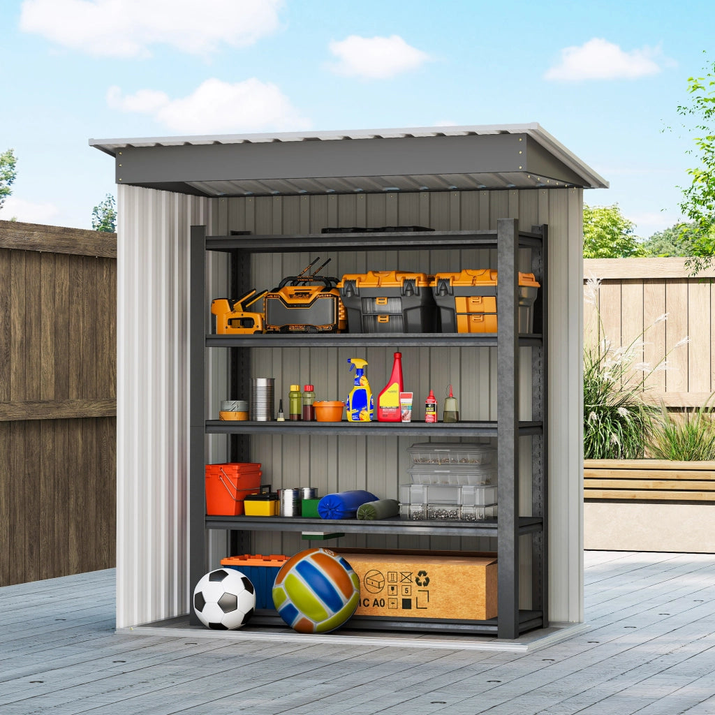 Capanno Box Attrezzi 163x89x182 cm con Tetto Inclinato e Porta Scorrevole in Acciaio e PP Grigio Chiaro