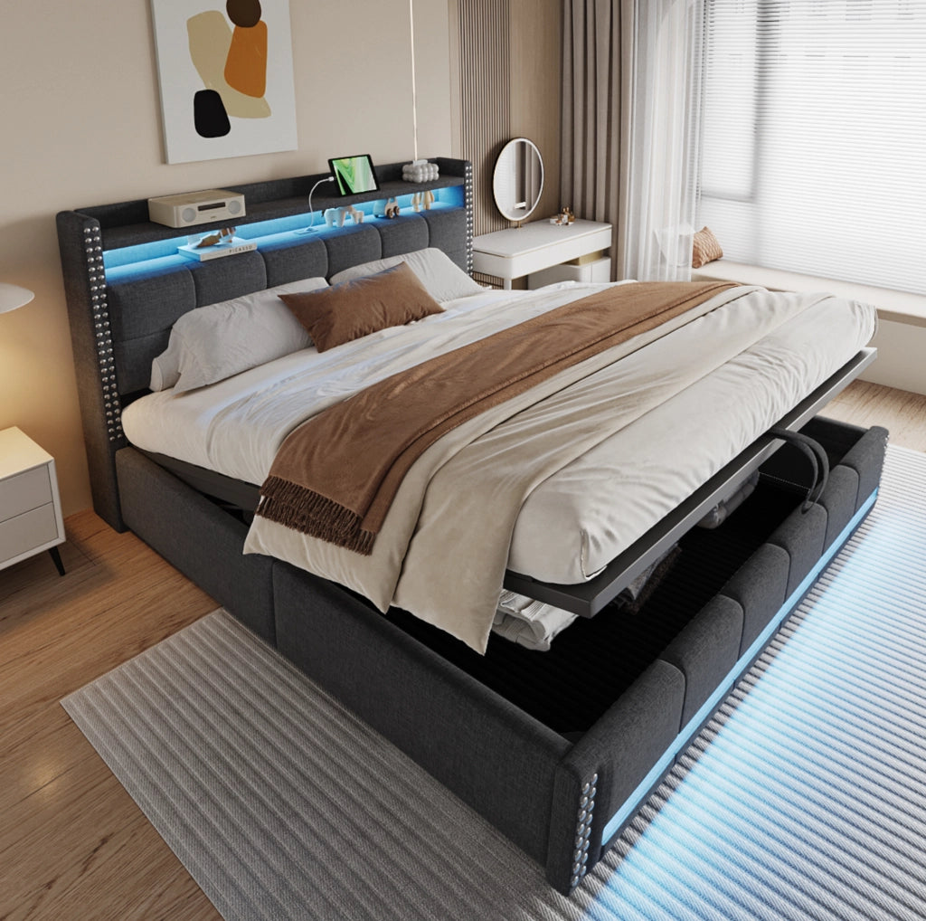 Letto matrimoniale imbottito 180x200 cm con LED, USB e contenitore