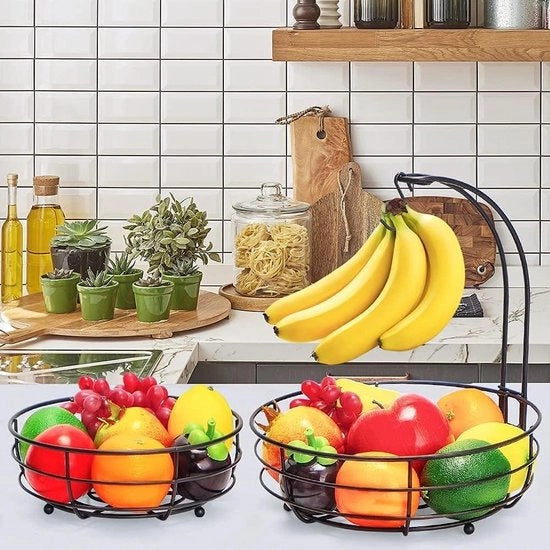 Fruitmand a doppio piano - contenitore per banane - modello verticale - verdura e frutta - moderno e pratico - accessorio per cucina - metallo nero.