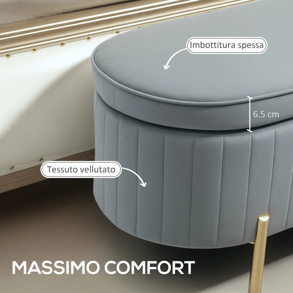 Panca Contenitore Ovale 108x44x43,5 cm con Coperchio Sollevabile in Tessuto Vellutato Grigio
