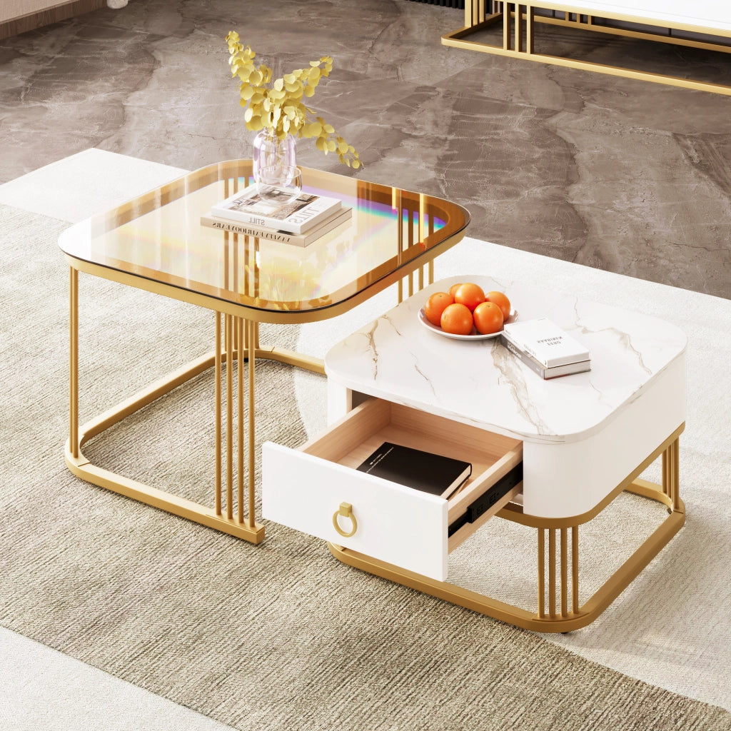 OKWISH Tavolini da Salotto Impilabili Quadrati con 1 Cassetto, Piano Effetto Marmo Lucido e Vetro, MDF, Bianco 60×60×42.5 cm